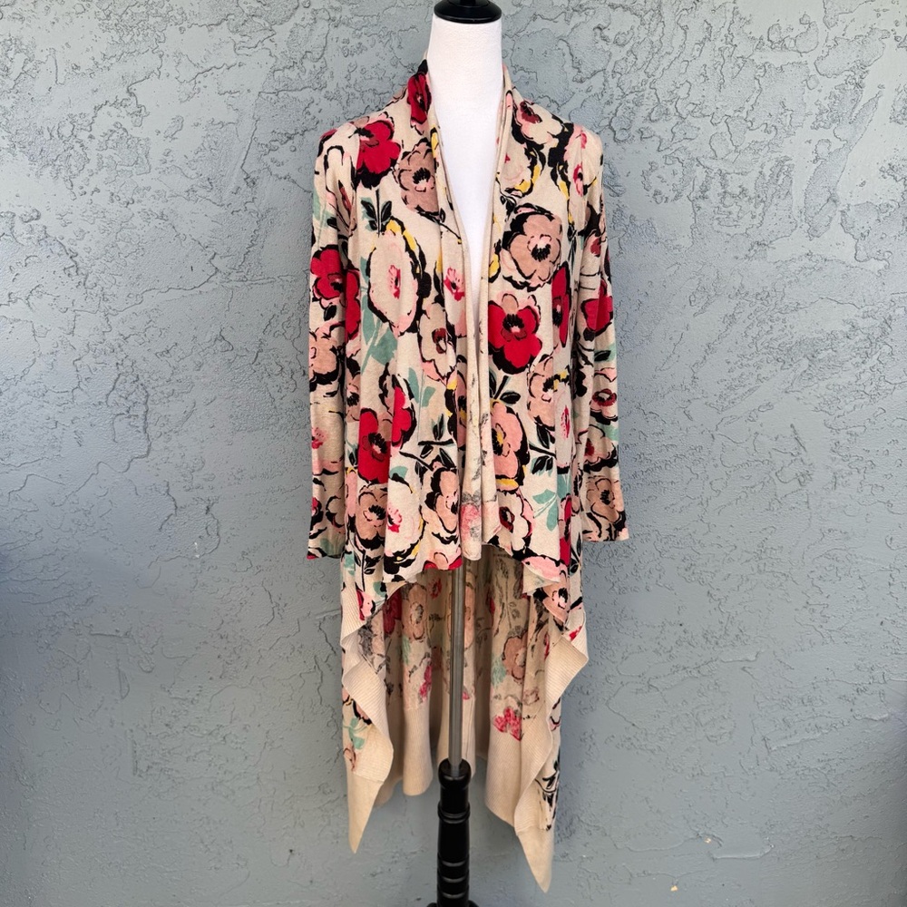 Sparrow Anthropologie Floral Linen Open-Front High Low Hem Duster Cardigan S